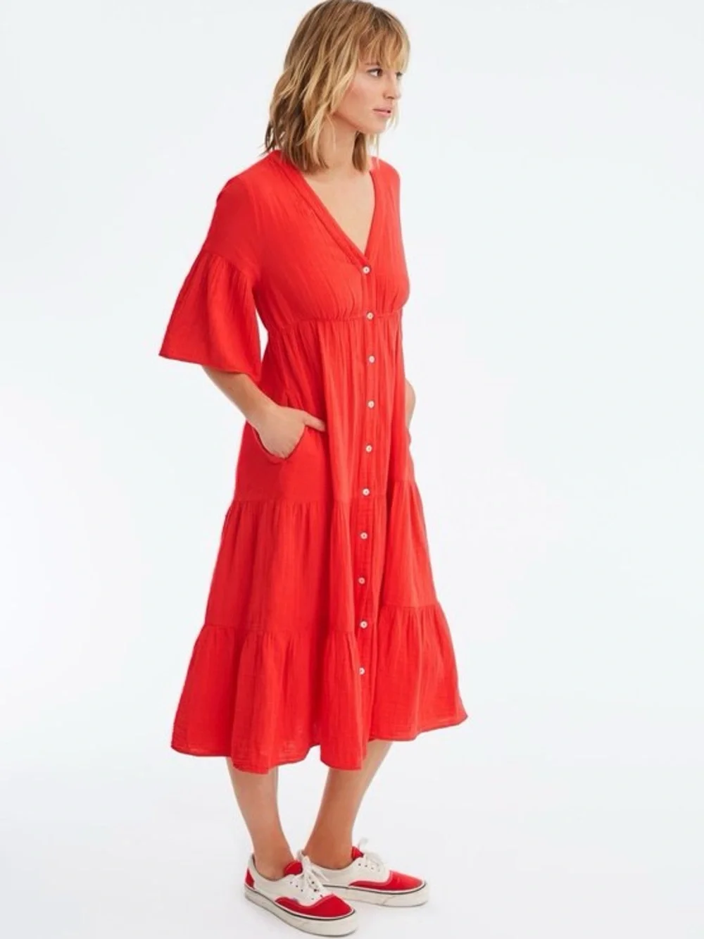 Xirena Kendall Cotton tiered midi dress, Red Hot, size M, NWT, buttondown - Picture 1 of 14